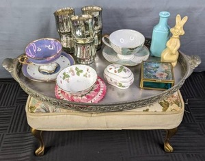 lot 188 image: Mixed Lot Vintage Foot Stool, CeramicsChina by Norleans-Japan, Wedgwood China, Royal Holland Pewter, Mercury Glass Votives, and More  X