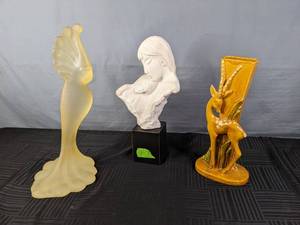 lot 164 image: Ceramic Deer Vase, Bird Sculpture and David Fischer Austin Productions Sculpture of Mother and Child  X