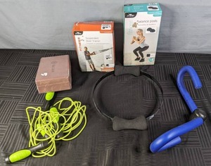 lot 169 image: Fitness Suspended Door Trainer, Balance Pods, Winsor Pilates Resistance Ring, Gaiam Yoga Essentials Block, Thigh Master and Jump Rope X