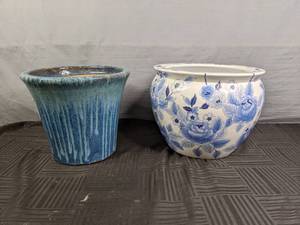 lot 160 image: Blue Handmade Pot and WhiteBlue Floral Pot   X