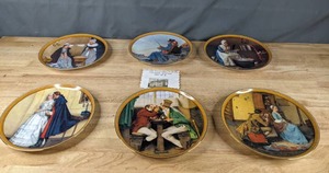 lot 180 image: Vintage Edwin M. Knowles Norman Rockwell Plates Colonial Edition Set of 6 Words of Comfort, The Journey Home, Light For The Winter, The Unexpected Proposal, Clinching The Deal and Portrait For A Bridegroom Q