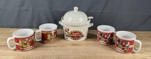 lot 181 image: (4) Vintage Campbells Soup Mm Mm Good Mugs and Westwood International 1994 Campbells Soup Company Replica 1910 Souvenir Postcard Tureen and Lid with Ladle Q