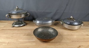 lot 182 image: Vintage Rectangular Covered Casserole Dish, Pyrex & Tulip Design Hammered Aluminum Covered Casserole Serving Dish, Pyrex Glass Casserole Warming Metal Serving Stand Burner and Decorative Bowl Q