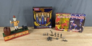 lot 280 image: Vintage Mechanical Clown & Dog Bank, Miniature Pewter Figures, PEZ Presidents of the USA Dispensers, Cold War Unicorns USA Vs USSR Action Figures X