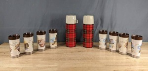lot 266 image: (2) Red Plaid Thermos and (8) Bird HuntingWild Game Birds Thermo Serv Insulated Cups X