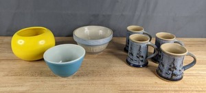 lot 271 image: Blue Pyrex Mixing Bowl, (2) Planter Bowls, and (4) Mugs X