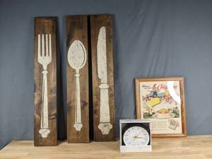 lot 263 image: Project 62 Wall or Table Clock, Kelloggs Rice Krispies Snap Crackle Pop Art and Wooden Large Utensil Art X