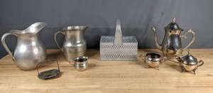 lot 253 image: Vintage Metal Teapots, Pitchers, Basket and More X