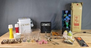 lot 315 image: Vintage Boxed Flower Light, 3 Vienna Glass Cookie Stamps, Shot Glasses, Cocktail Coasters, Tea Candles, 222 by First Act AL104 Guitar Amplifier and More X
