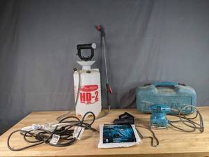lot 318 image: FloMaster Heavy Duty 2 Gallon Sprayer, Makita Sander with Carrying Case, Extension Cords and Titan Microfiltration T1400 Bags X