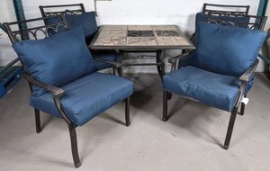 lot 307 image: Patio Set  (4) Chairs with Better Homes & Gardens BackSeat Pads and Tiled Dining Table  X