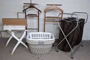 lot 308 image: Mixed Lot  (2) Wooden Valet Stands, (3) Plastic Laundry Baskets, Rolling Laundry Sorter, Luggage Rack, (3) Ikea Towel Bars, (3) Ivilon Tension Rods  X