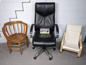 lot 324 image: Wooden Chair, Black Office Chair on Wheels and Kids Lounge Chair X
