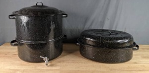 lot 300 image: Enamel Ware  Double Decker Clam Broth Pot and Turkey Roasting Pan with Lid  W