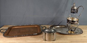 lot 333 image: Collection of Vintage Silver Plate Trays, Coffee Carafe, and Jewelry Box W