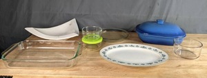 lot 337 image: Assorted Kitchen Items Pyrex Glass Baking Dish, Wyndham China Oval Platter, Blue Stoneware Casserole and More W