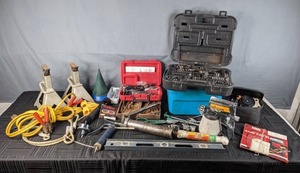 lot 347 image: A Collection of Various Tools, Jack Stands, Jumper Cables, Craftsman Rotary Tool, Ryobi Level Kit, Wagner Power Sprayer, Ryobi Flashlight, Band Saw Blade and More  W