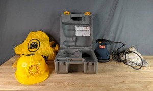 lot 372 image: Tool Lot Pair of Yellow Rain Ponchos, Solar Powered Helmet Fan, and Ryobi Sander   W