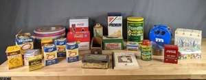 lot 360 image: Assorted Kitchen Kerr and Tins Campbells, Coca-Cola, Old Home, Saltines, Creamette, Emerald Shell, Recipe Tins, and more W