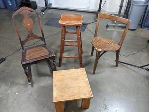 lot 365 image: Vintage Chairs, Stool, and Side Table W