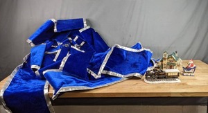 lot 392 image: Huge Blue Bow, Lighted School Village House, Santa on a Sleigh and Train Car Figurines W