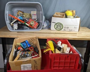lot 394 image: Miscellaneous Assortment of Lighting Hardware, Ruler, Level, Screws, Nails, Cloth Tape, Washers, Jumbo Craft Sticks, Electric Tape, Light Bulbs and More W
