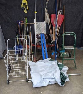 lot 420 image: Various Tools, Metal Shopping Rolling Carts, Outdoor Canopy, Vintage Skis, Step-Ladder and More W