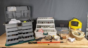 lot 429 image: Fishing Supplies and Accessories Tackle Boxes, Minnow Bucket, Lures, Reels, and More W