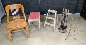 lot 434 image: Vintage Furniture Pieces Wood Office Chair, Side Table, Fireplace Tool Set and More W