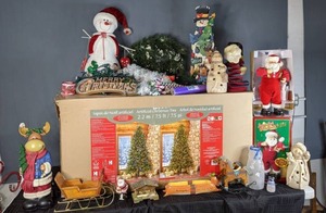 lot 408 image: Christmas Decor 7.5 ft Artificial Christmas Tree, Jingle Bell Rock Santa, Merry Christmas Sign, and Much Much More W