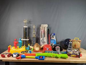 lot 381 image: Vintage Fisher Price Tick Tock Learning Clock, Wrestling Rumblers, Rock Em Sock Em Robots, Helmets, Trophies and More  W