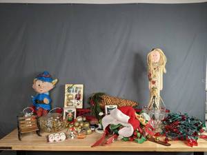 lot 379 image: A Variety of Christmas Decorations, Ornaments, Christmas Lights, Candy Dish with Small Ornaments, Small Wooden Ladder and More  W