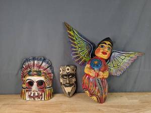 lot 41 image: (2) Hand Painted Wooden Wall Mask and Mexican Statue of a Woman  P