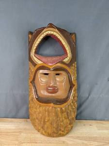 lot 42 image: Gorgeous Hand Painted Man and Bear Wooden Wall Mask  P