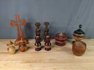 lot 40 image: Wooden Floating From Within Cross, (2) Wooden Statues of People, (2) Myrtle Wood Perfume Bottles, Set of (6) Wooden Coasters, Red Painted Wooden Jar and Green Painted Wooden Jar  P