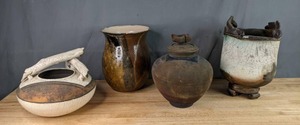 lot 45 image: Hand-Crafted Painted Bowl, Vase, Clay Jug and Square Cauldron  P