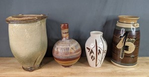 lot 46 image: Beautifully Painted Thin Neck Vase, White Vase with Black Leaf Design, Painted Stoneware Vase, Painted Pot  P