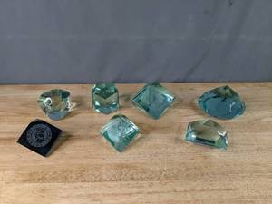 lot 35 image: Collection of Seven (7) Decorative Blue-Green Glass Objects (Some with Etched Mayan Designs)  P