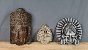 lot 44 image: Painted Budda Head, Painted Wall Mask, Painted Chief Head  P