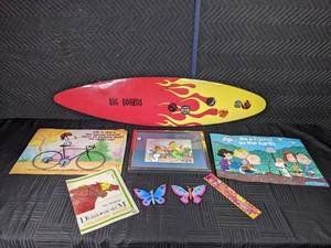 lot 81 image: Kentucky Derby Museum Coloring Book, 2 Butterfly Wall Decor, Charlie Brown Art, 1971 American Broadcasting Companies Art, Big Board Surfboard Decor  W