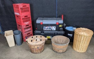 lot 435 image: Various Storage Containers Rope Tub, Igloo Activity Locker, Plastic Crates, XXL Storage Trunk, Large Baskets and More W