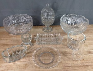 lot 96 image: Lot of Cut Glass and Crystal Ware Includes Bowls, Egg Shaped Dish with Lid, Candy Dishes, and More  P
