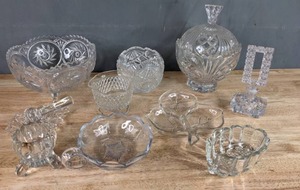 lot 95 image: Lot of Cut Glass and Crystal Ware Includes Bowls, Dishes with Lids, Perfume Containers, Mortar & Pestle, and More  P