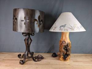 lot 52 image: Set of 2 Beautiful Lamps, One Metal with Metal Lampshade and One Wood  P
