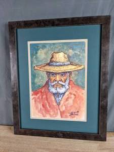 lot 92 image: FramedMatted Watercolor of Old Bearded Man in Hat Signed by Martinez 98  P