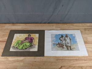 lot 57 image: Drawing of Person with a Child and Drawing of 2 Women with a Boat  P