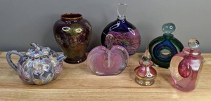lot 97 image: Gorgeous Lot of Colorful Glass and Ceramic Decanters, Teapot, Vase, and More  P
