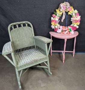 lot 440 image: Vintage Wicker Rocking Chair, Semi Circle Pink Wooden Table, & Beautiful Floral Wreath M