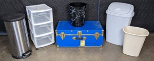 lot 441 image: Metal Garbage Can, Rubbemaid Trash Can, Mainstay Trash Bin, Blue Chest, Three Drawer Cart, & More M