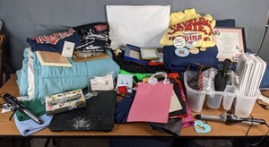 lot 443 image: Assortment of Pins, Earrings, Rings, Blankets, Quilts, Bags, Health O Meter Scale, Curling Irons, & Much More  M